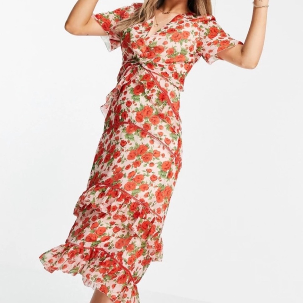 Red Midi Floral Dress